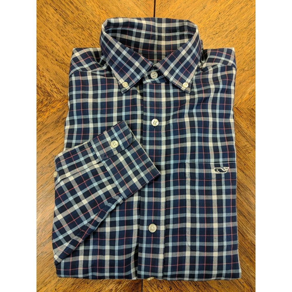 Vineyard Vines Shirt Small TUCKER Button Down Long Sleeve Blue Plaid Performance